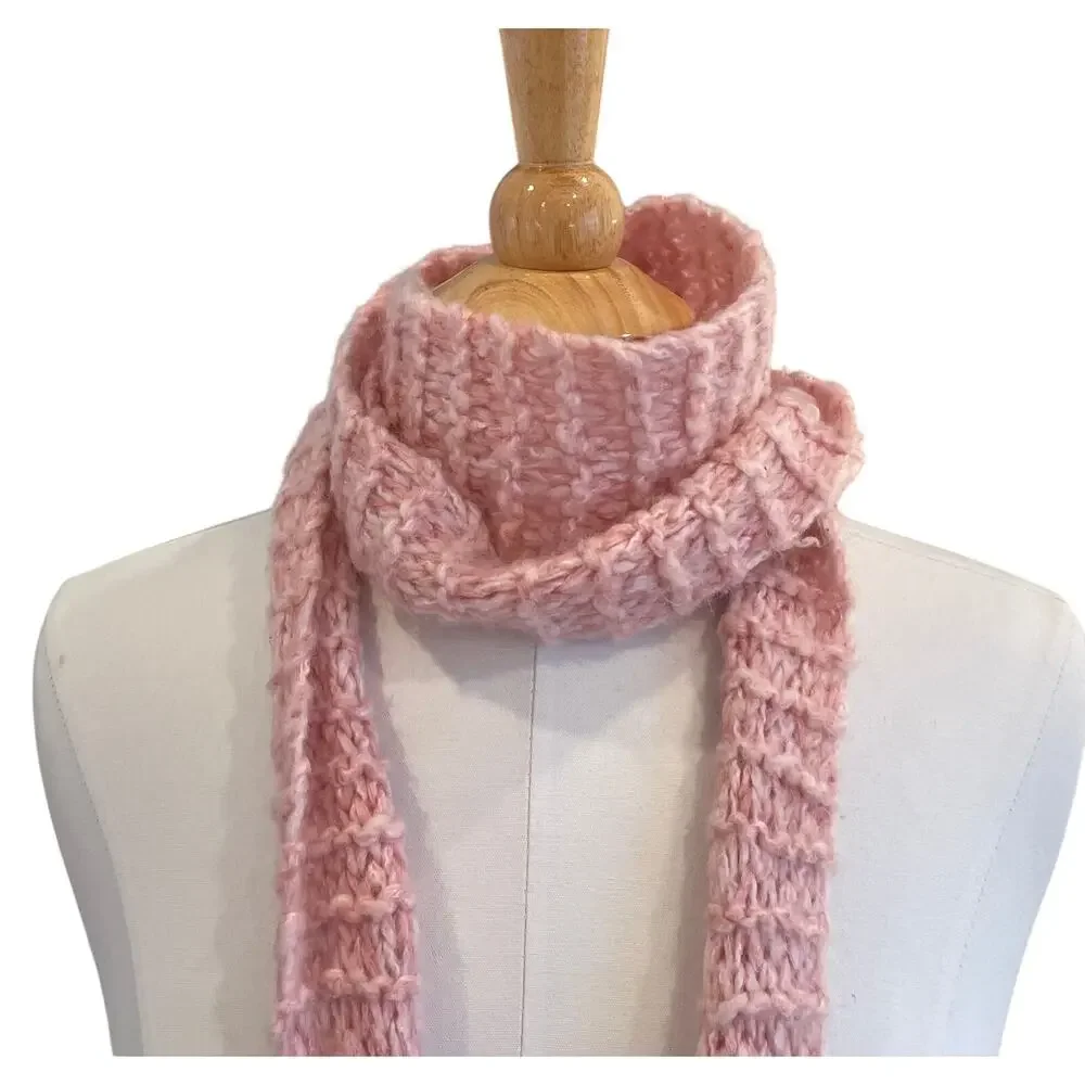 Vintage Y2K Old Navy Pink Crochet Extra Long Skinny Scarf with Pom Poms